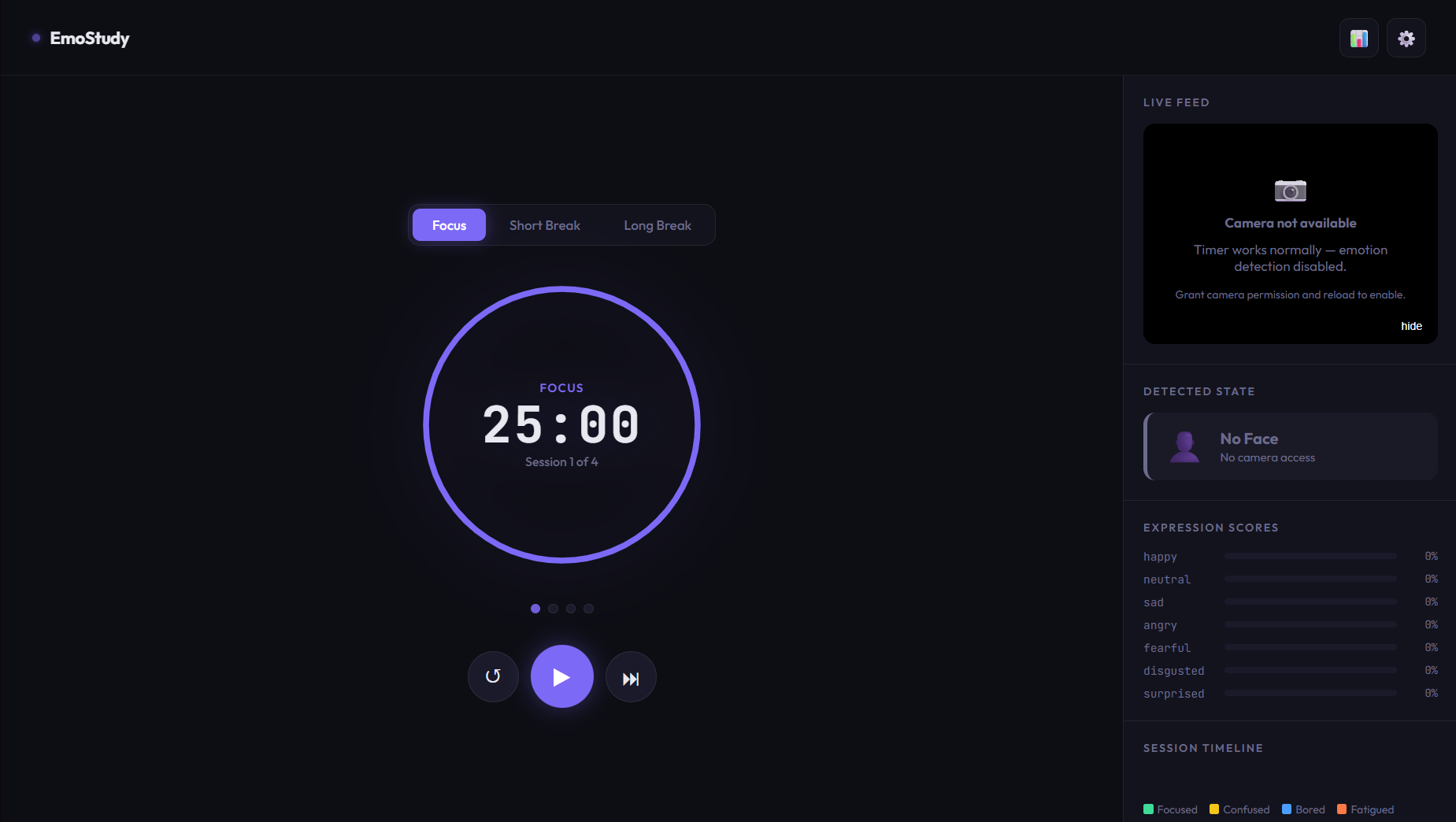 EmoStudy focus dashboard showing study modes, a circular timer, camera state, expression scores, and a session timeline.