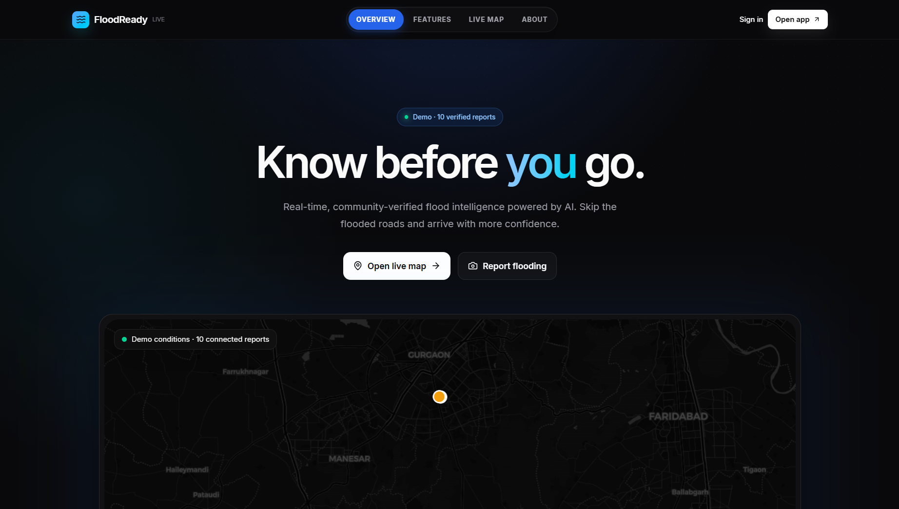 FloodReady landing page with a dark map, product headline, demonstration state, and calls to action.